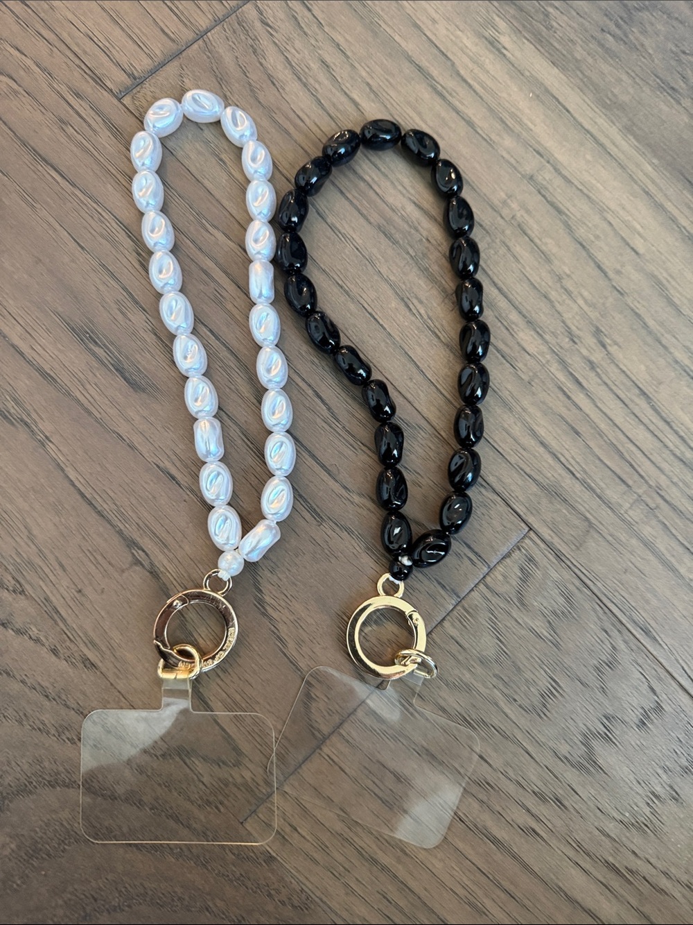 New Pearl Beaded Wrist Phone ID Lanyard with Gold Ring - Black & Pearl